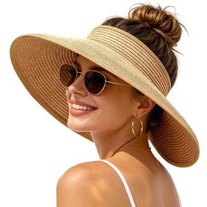 Sun Hats Visor for Women, UV UPF Straw Beach Hat Foldable Wide Brim Ponytail